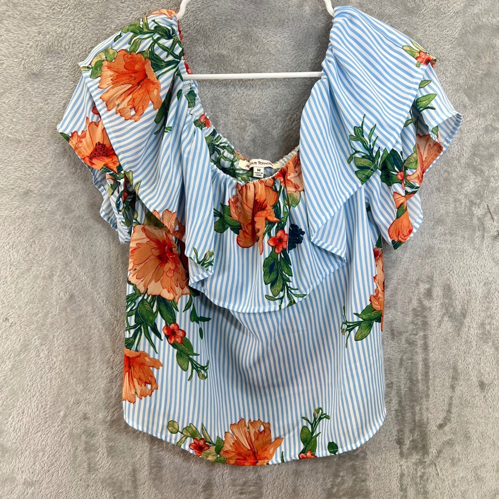 Jealous‎ Tomato Floral Striped Off Shoulder Ruffle Blouse M Cottagecore Shabby